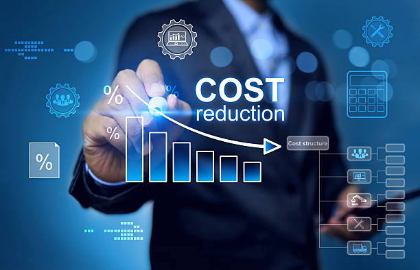 Cost reduction concept with businessman writing on percentage on graph to reduce unnecessary factor, representing management to best efficiency of resources and basic factors for maximum profit return