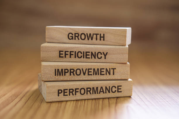 Business management related words on wooden blocks.
